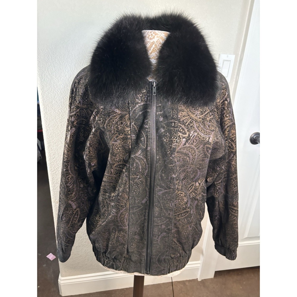 Vtg Radlee Leather Jacket Wmn's Black Fox Fur Collar Metallic Paisley Bomber M